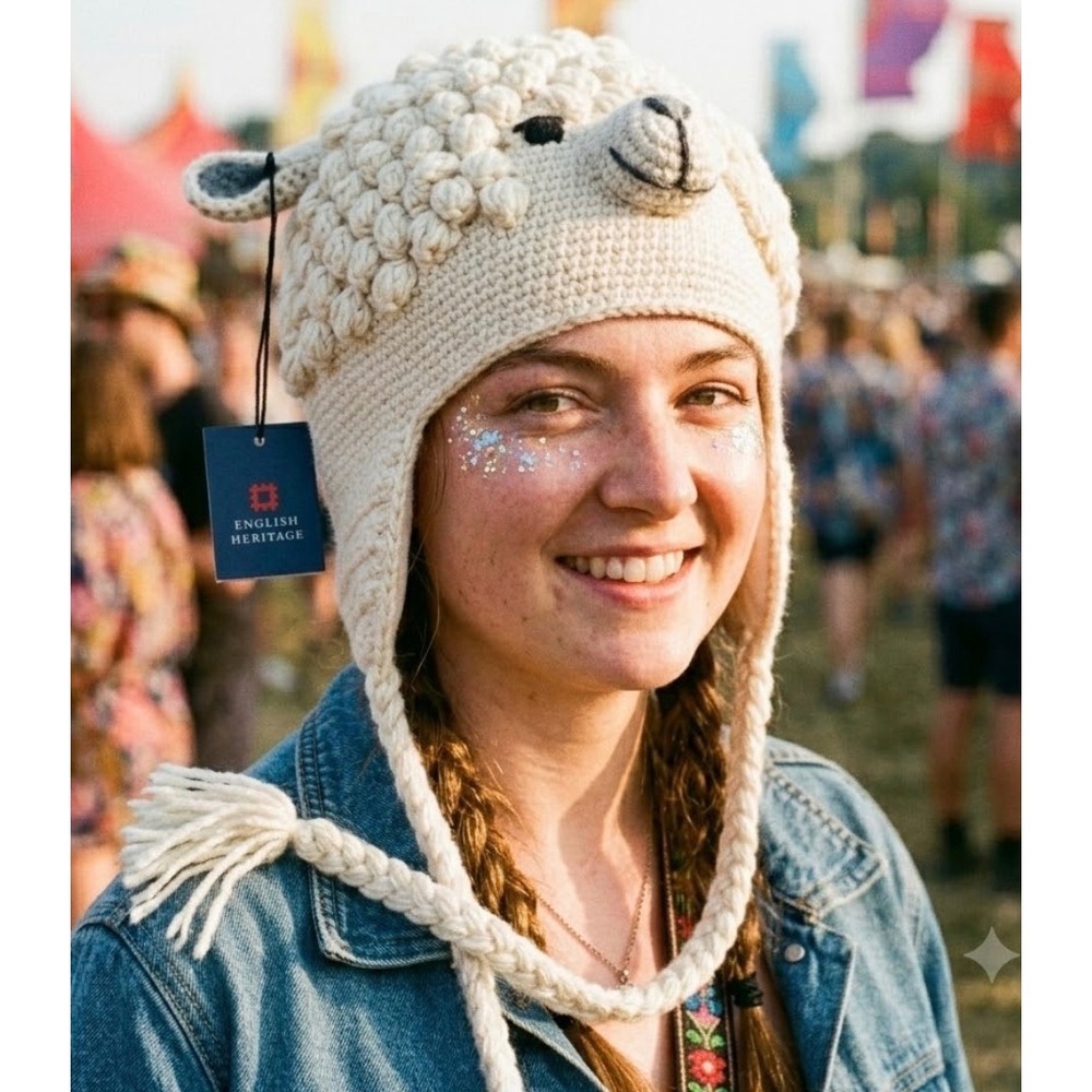 English Heritage Adult Alpaca Sheep Lamb Hand Knitted Wool Beanie Hat Lined NWT